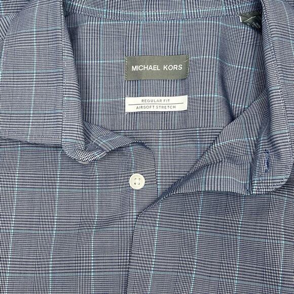 Michael Kors Non Iron Shirt Men's Size 17 32/33 Cotton Button Up Blue Plaid - Picture 1 of 7